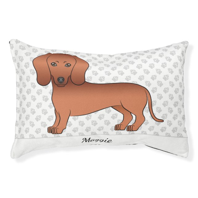 Red Smooth Coat Dachshund Cute Cartoon Dog & Name Pet Bed (Front)