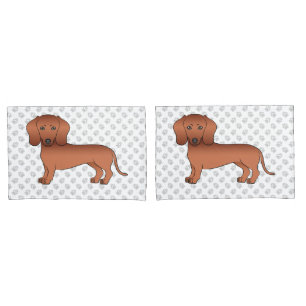 Red Smooth Coat Dachshund Cute Cartoon Dog & Paws Pillow Case