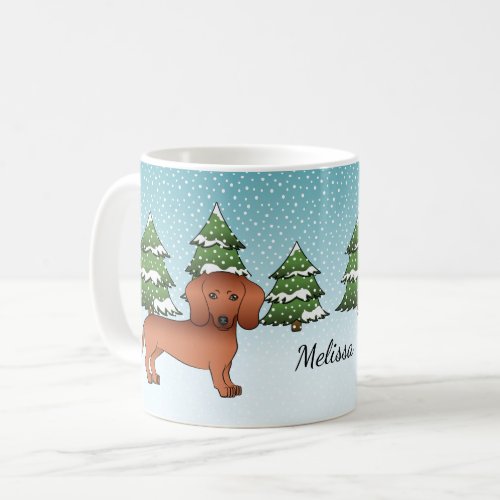 Red Smooth Coat Dachshund Cute Dog _ Winter Forest Coffee Mug