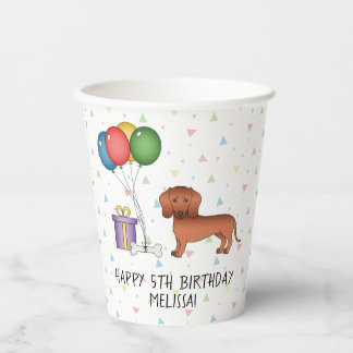 Red Smooth Coat Dachshund Dog Happy Birthday Paper Cups