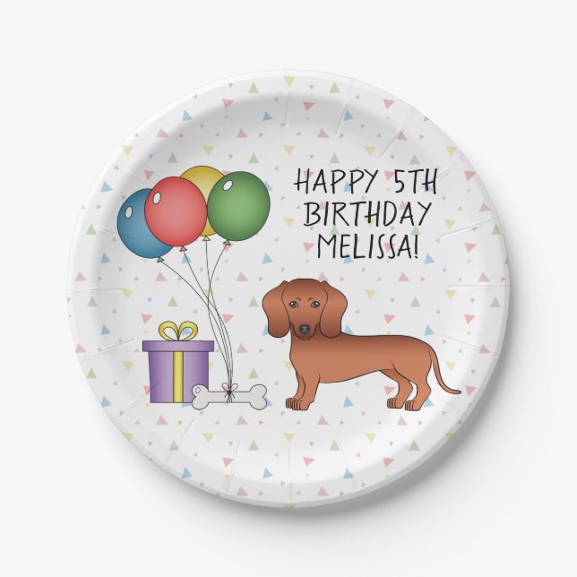 Red Smooth Coat Dachshund Dog Happy Birthday Paper Plates (Front)