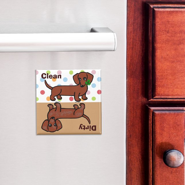 Red Smooth Dachshund 2 Dirty / Clean Magnet (Cute Red Smooth Haired Dachshund Cartoon Dishwasher Magnet)