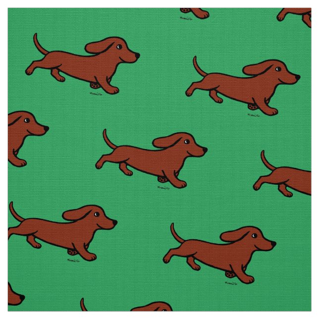 Red Smooth Dachshund Running Green Fabric (Swatch)