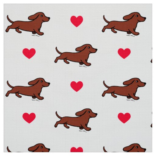 Red Smooth Dachshund Running Hearts Fabric