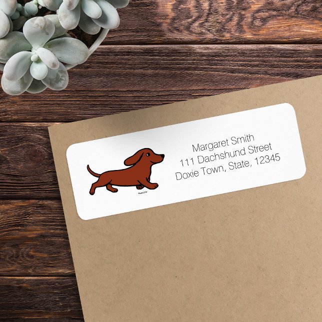 Red Smooth Dachshund Running Label (Red Smooth Haired Dachshund Running Return Address Label featuring Dachshund in action.  Cartoon.)