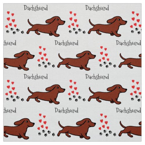 Red Smooth Dachshund Running Paws and Hearts Fabric