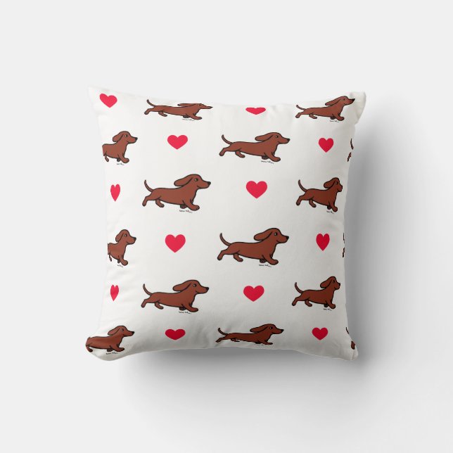 Red Smooth Dachshund Valentine Red Hearts Throw Pillow (Front)