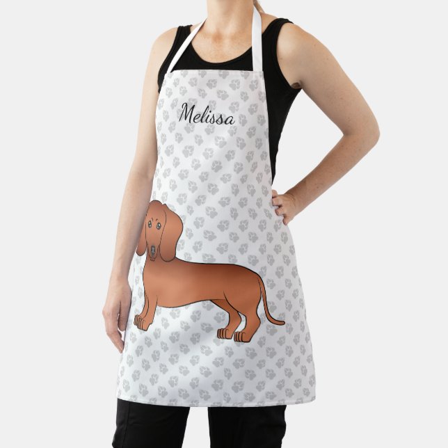 Red Smooth Hair Dachshund Cute Cartoon Dog & Name Apron (Insitu)