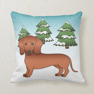 Red Smooth Hair Dachshund Cute Dog - Winter Forest Throw Pillow