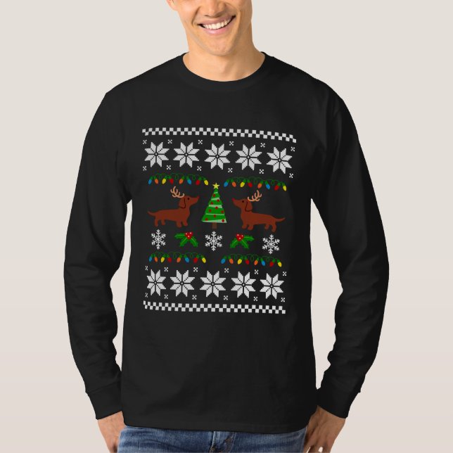 Red Smooth Haired Dachshund Christmas Antlers T-Shirt (Front)