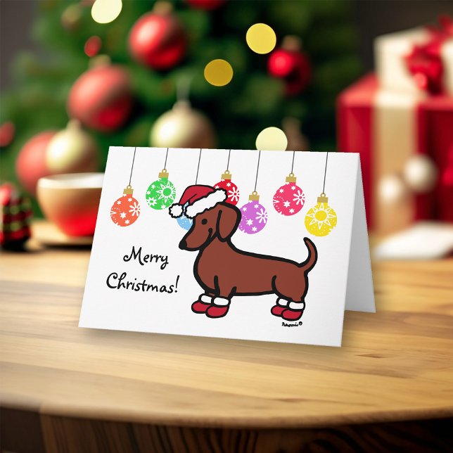 Red Smooth Haired Dachshund Christmas Holiday Card (Red Smooth Haired Dachshund with Santa Hat and Booties Christmas Cards for Dachshund Owners.)