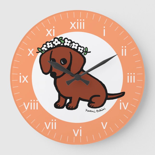 Red Smooth Haired Dachshund Flowers Large Clock (Front)