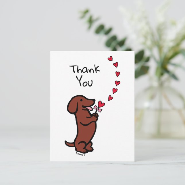 Red Smooth Haired Dachshund Hearts Thank You Postcard (Standing Front)