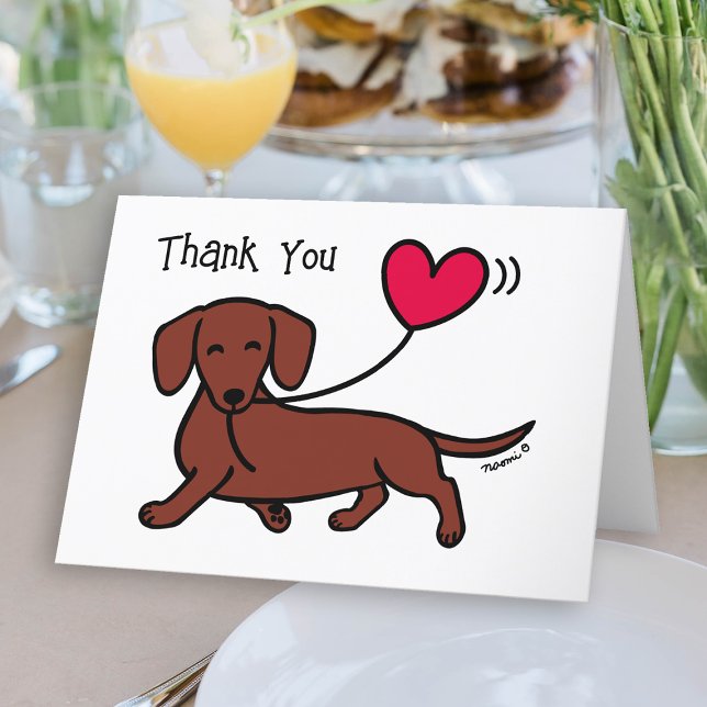 Red Smooth Haired Dachshund Smiling Letterpress Thank You Card (Red Smooth Haired Dachshund Heart Balloon Thank You Card for Doxie owners.  Sausage dog cartoon.)