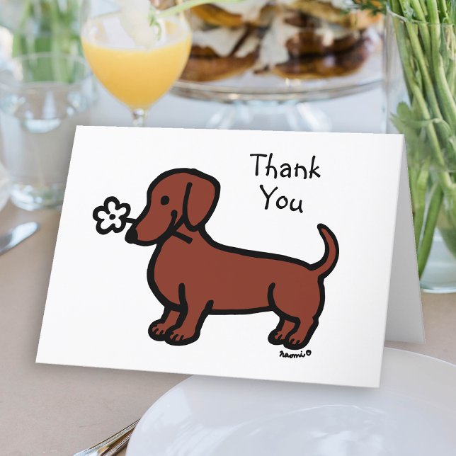 Red Smooth Haired Dachshund Tiny Flower Letterpress Thank You Card (Red Smooth Haired Dachshund Tiny Flower Thank You Card for Doxie owners.  Cute sausage dog cartoon.)