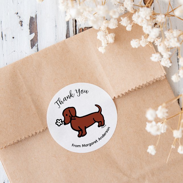 Red Smooth Haired Dachshund Tiny Flower Thank You Classic Round Sticker (Red Smooth Haired Dachshund Tiny Flower Thank You Sticker.  Cute Sausage Dog Cartoon Design.)