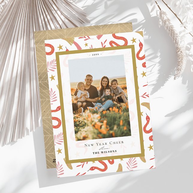 Red Snake & Mushroom 2 Photo Chinese New Year Holiday Card (Creator Uploaded)