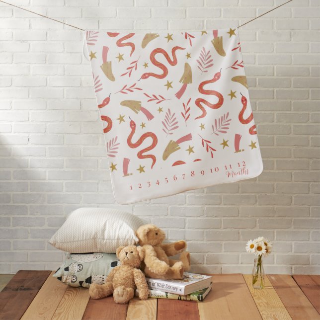 Red Snake & Mushroom Zodiac Girl Milestone Baby Blanket (In Situ)