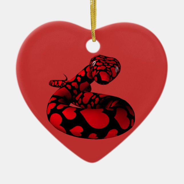 Red Snake With Hearts Ceramic Ornament (Front)
