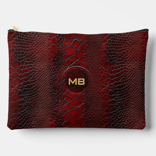 Red Snakeskin Leather Print Embossed Monogram Accessory Pouch (Front)