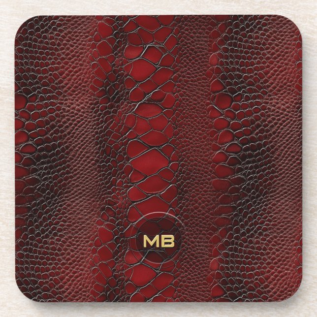 Red Snakeskin Leather Print Embossed Monogram Beverage Coaster (Front)