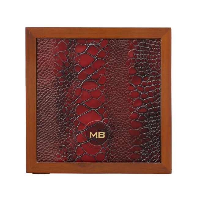 Red Snakeskin Leather Print Embossed Monogram Desk Organizer (Front)
