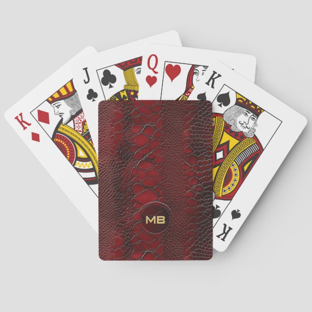 Red Snakeskin Leather Print Embossed Monogram Poker Cards (Back)