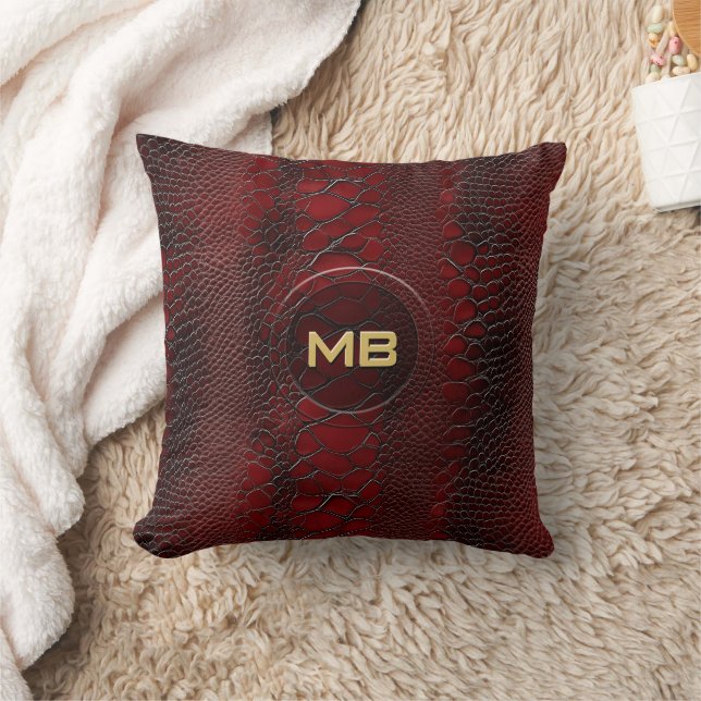 Red Snakeskin Leather Print Embossed Monogram Throw Pillow (Blanket)