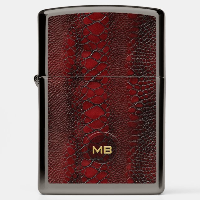 Red Snakeskin Leather Print Embossed Monogram Zippo Lighter (Front)