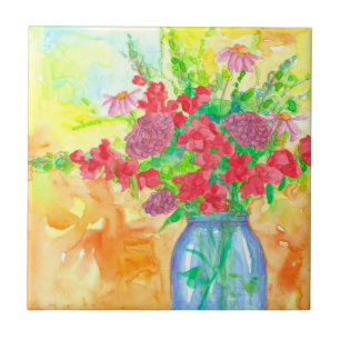 Red Snapdragons Cottage Garden Flower Bouquet Tile