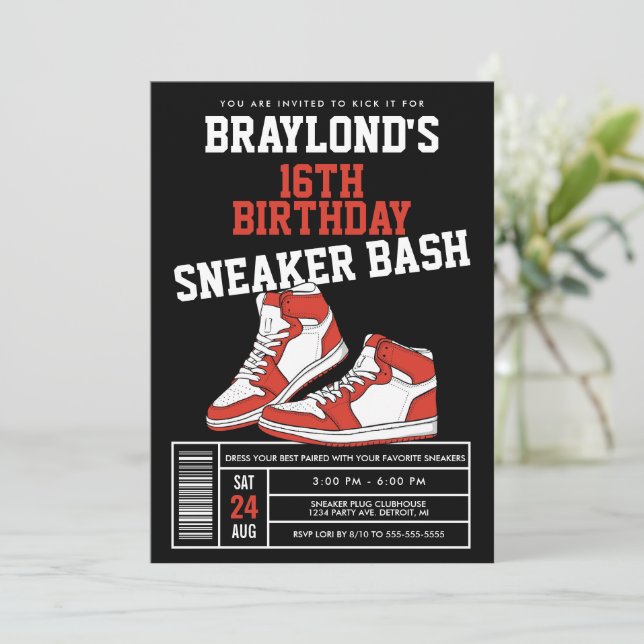 Red Sneaker Bash Birthday Invitation (Standing Front)