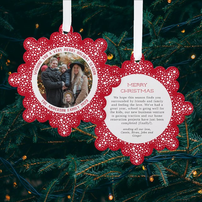 Red Snow Blizzard Dots Snowy Photo Holiday Ornament Card (Creator Uploaded)