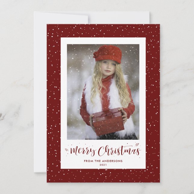 Red Snow Calligraphy Photo Christmas Cards (Front)