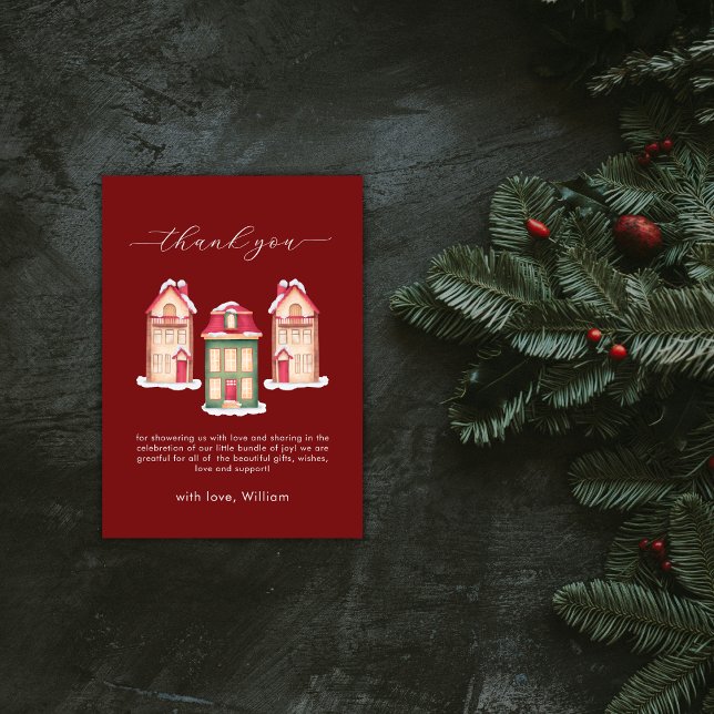 Red Snow Gingerbread Village Baby Shower  Thank You Card (Red Snow Gingerbread Village Baby Shower Thank You Card)