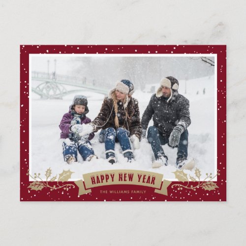 Red Snow Holly Family Photo Happy New Year Holiday Postcard