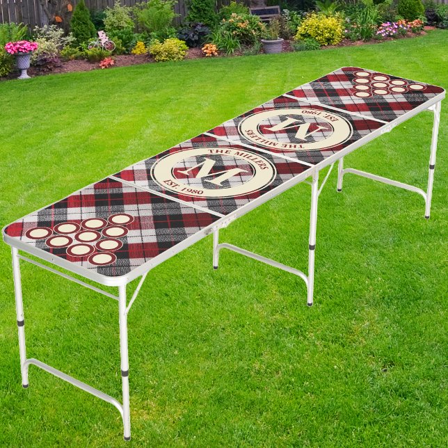 Red Snowfall Plaid Family Monogram & Name Beer Pong Table (Creator Uploaded)
