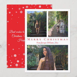 Red Snowflake 3-Photo Collage Merry Christmas Note Card