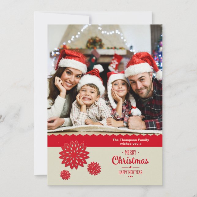 Red Snowflake Border Holiday Photo Card (Front)