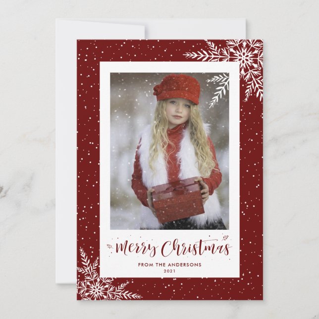 Red Snowflake Calligraphy Photo Christmas Cards (Front)