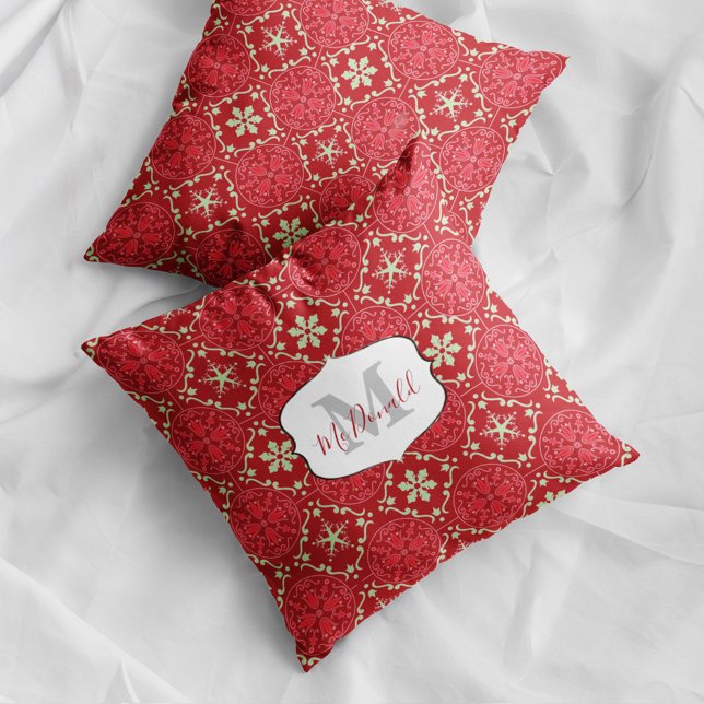 Red Snowflake Christmas Monogram Custom  Throw Pillow (Red Christmas snowflake monogram pillow with personalized name festive holiday decor accent.)