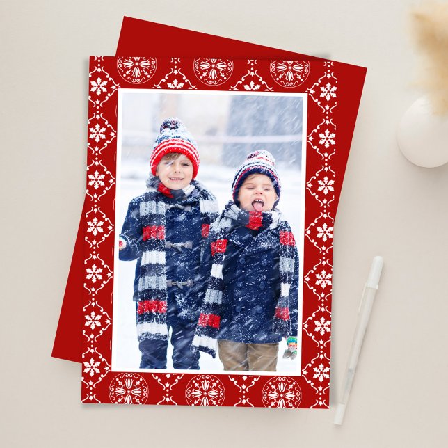 Red Snowflake Cute Christmas Photo Custom Holiday Card (Simple red snowflake pattern holiday photo card. )