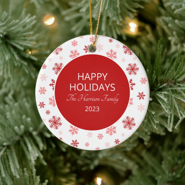 Red Snowflake Happy Holidays Family Photo Ceramic Ornament (Tree)