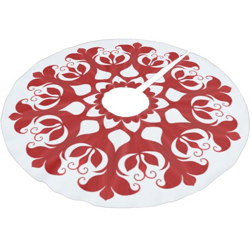 Red Snowflake Ice Crystal Flower Pattern On White Brushed Polyester Tree Skirt