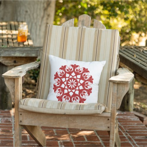 Red Snowflake Ice Crystal Flower Pattern On White Outdoor Pillow