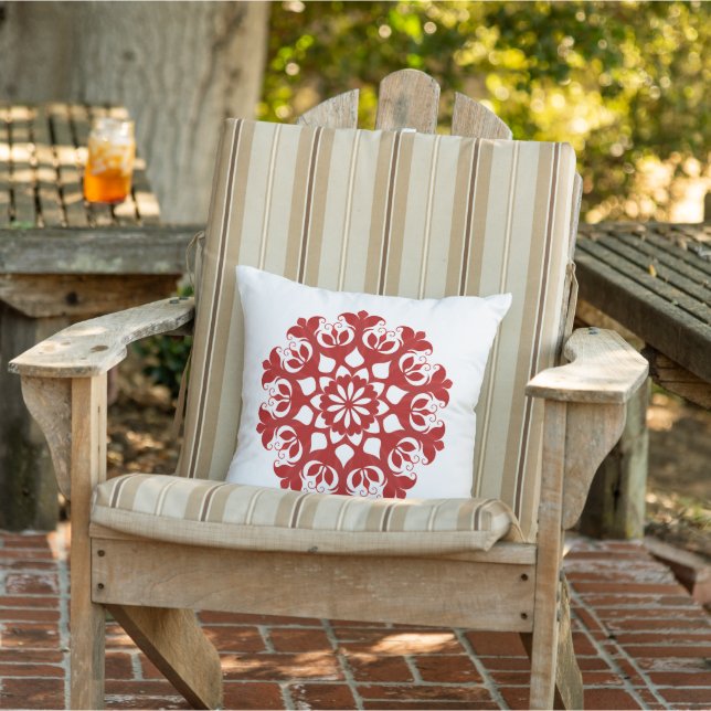 Red Snowflake Ice Crystal Flower Pattern On White Outdoor Pillow (Chair)