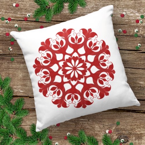 Red Snowflake Ice Crystal Flower Pattern On White Throw Pillow