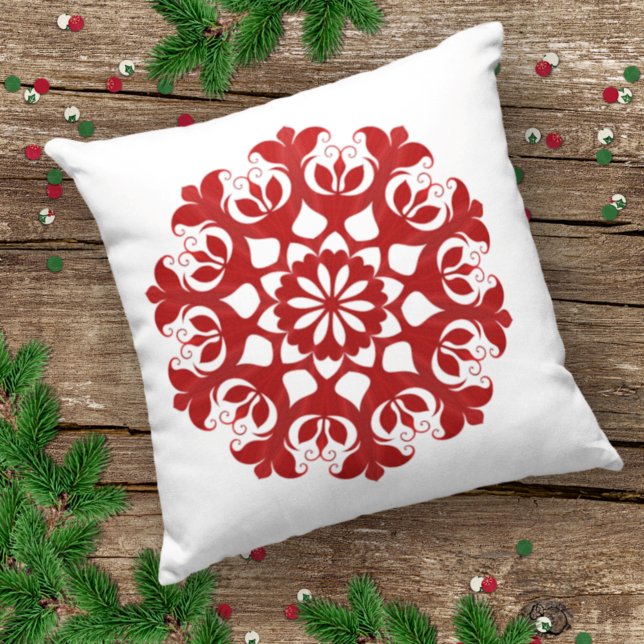 Red Snowflake Ice Crystal Flower Pattern On White Throw Pillow (Creator Uploaded)