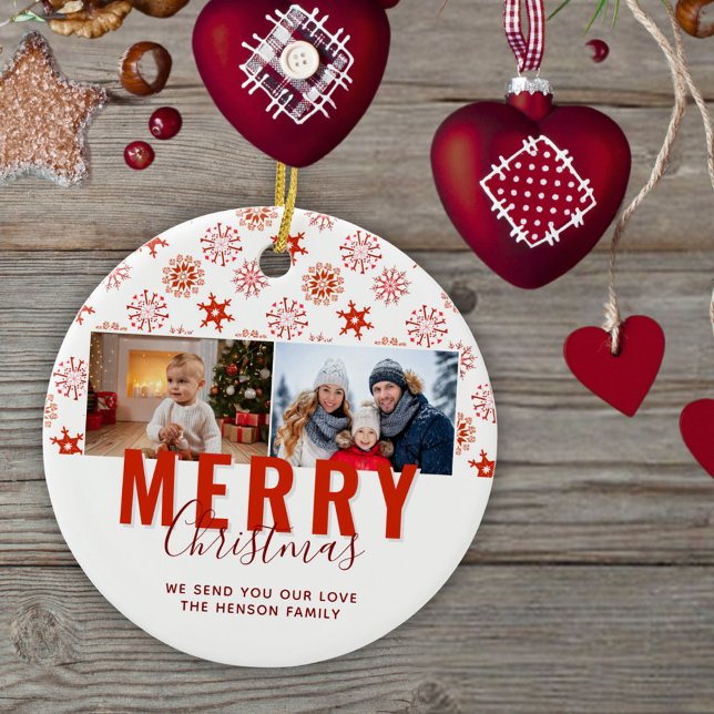 Red Snowflake Merry Christmas Family 2 Photos Ceramic Ornament (Creator Uploaded)