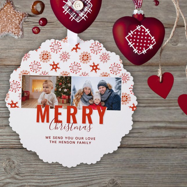 Red Snowflake Merry Christmas Family 2 Photos Ornament Card (Creator Uploaded)