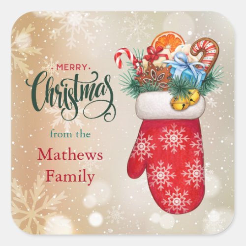 Red Snowflake Mitten with Christmas Goodies Square Sticker
